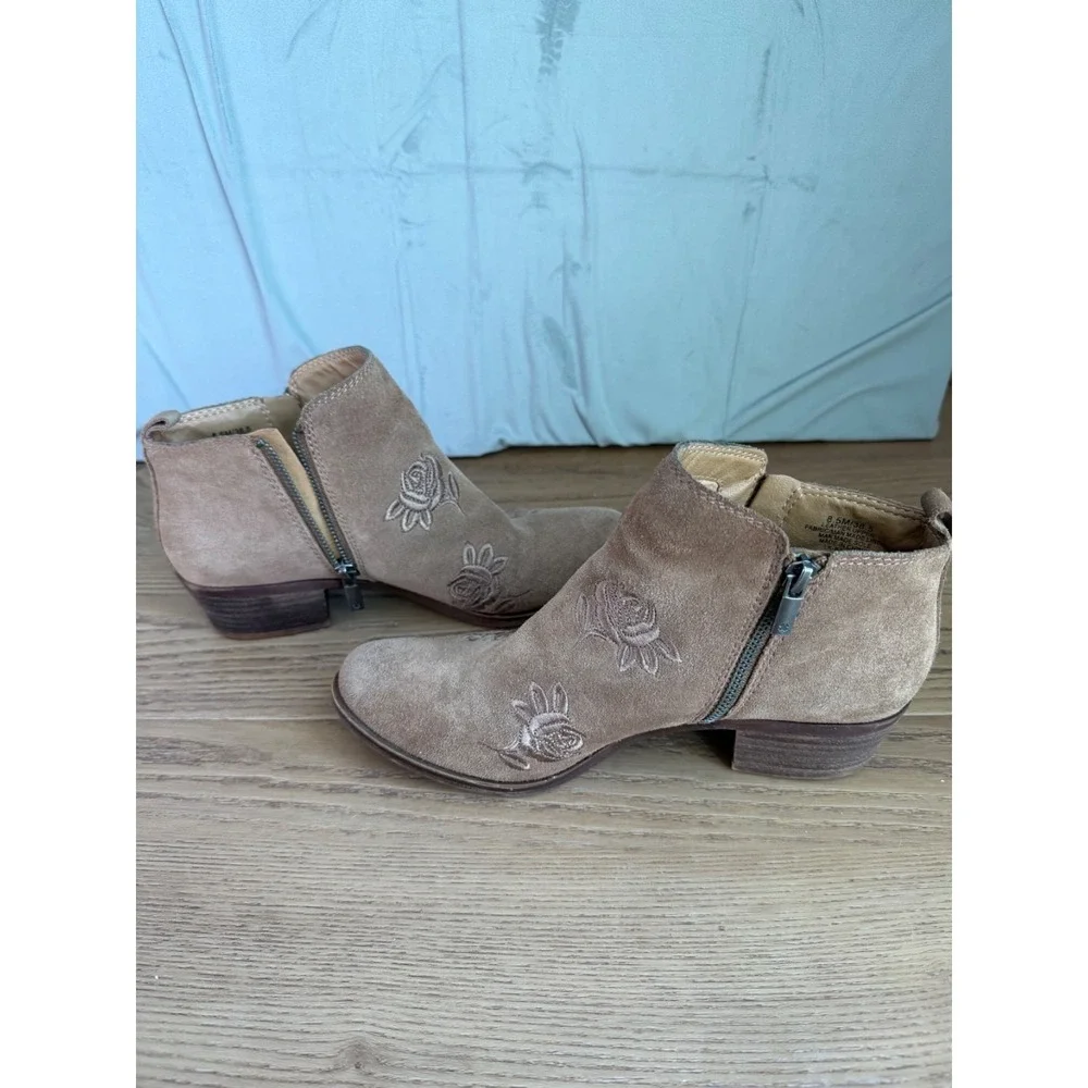 Lucky Brand Ankle Boots Women Tan Suede Leather Floral Embroidered Boho 8.5M